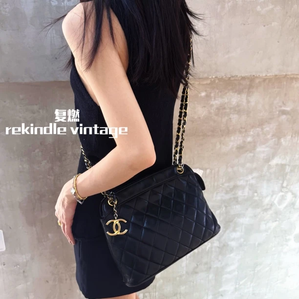 95新 Chanel/香奈儿 复燃精选/黑金菱格纹贝壳流浪包