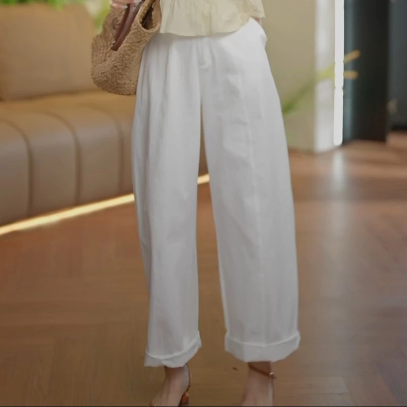 2025夏新法式白色百搭松紧腰阔腿裤长裤LK2503523