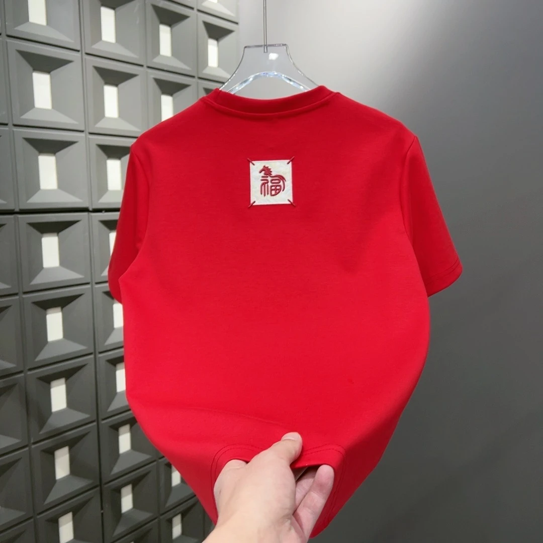 冬季新款休闲百搭潮流国潮大红色欧货男士圆领加厚短袖9800