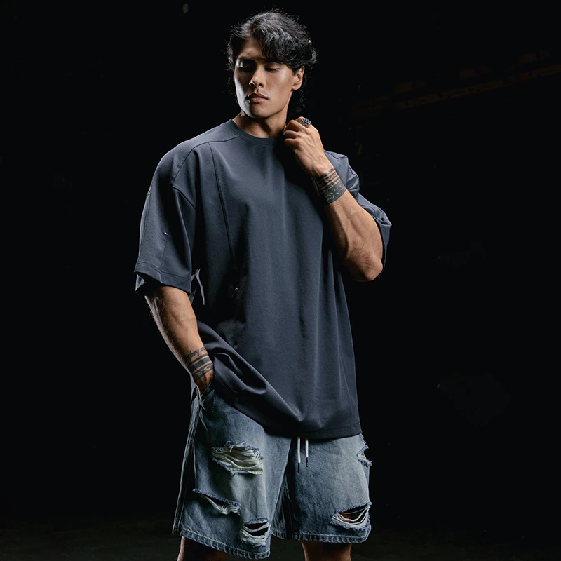 肌肉狗呼吸间隙廓形几何重构短袖T恤潮牌上衣运动健身半袖男