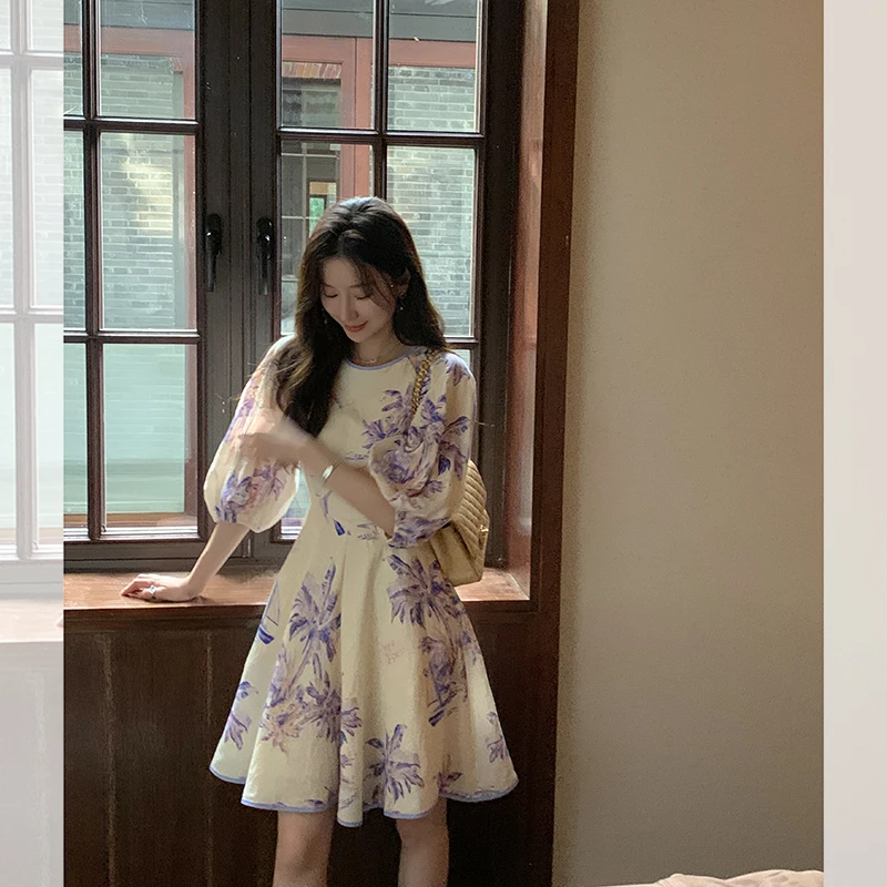 【棕林亚麻裙】短裙女夏季时尚全亚麻紫花连衣裙 QL232042