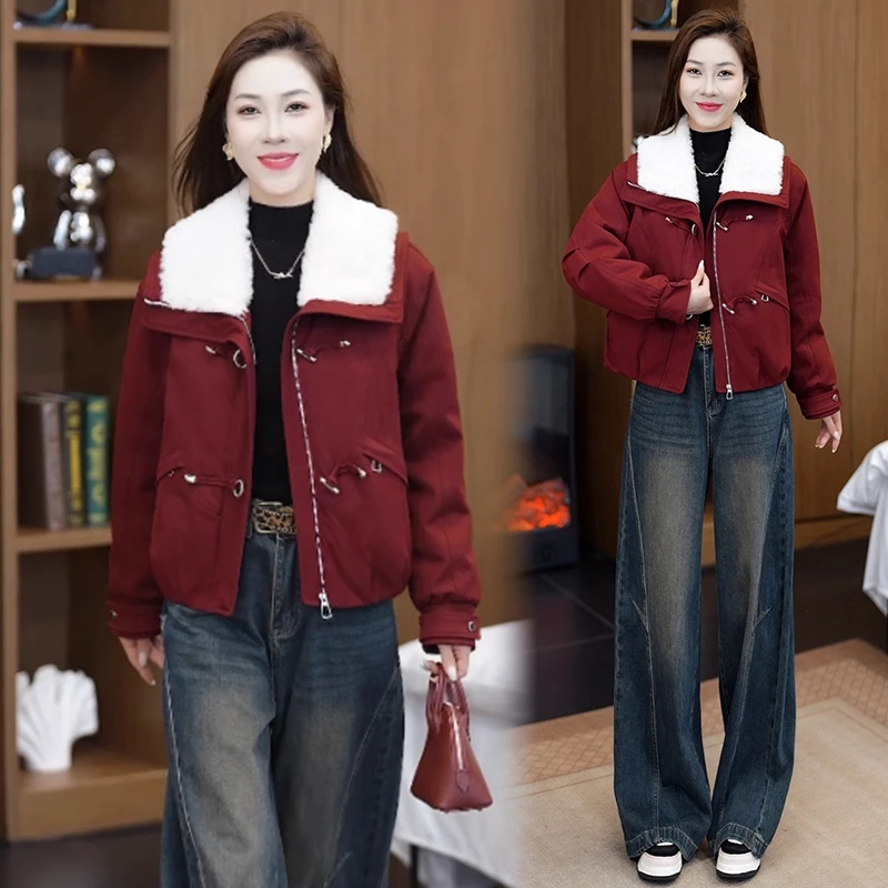 时尚派克服棉衣外套女2025冬季新款洋气休闲减龄保暖羊羔毛领棉服