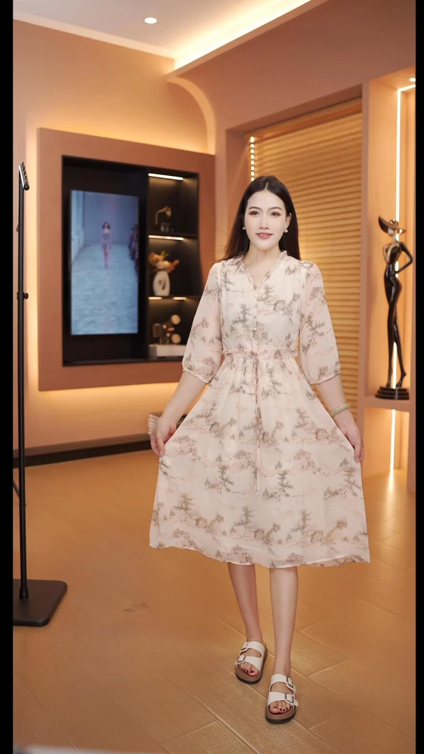 （黛影云裳）2025年蚕丝扎染印花高腰显高显瘦气质连衣裙