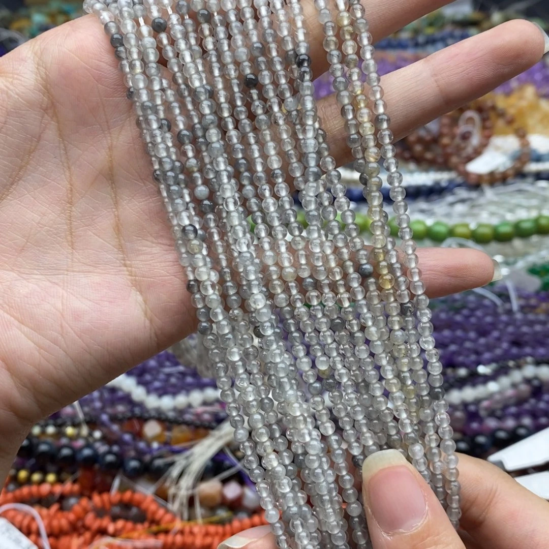 未镶嵌玛瑙/玉髓珠宝半成品一条纯天然灰水晶圆珠3.3mm