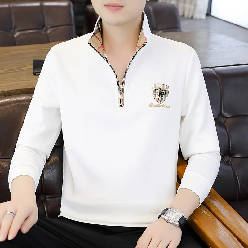 欧版立领卫衣男士春季新款长袖男士卫衣时尚刺绣半拉链修身套头衫