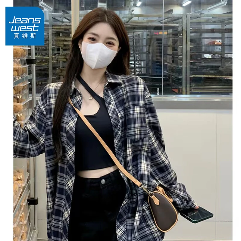 真维斯黑白长袖衬衫男女同款2025秋季款美式格子翻领衬衣休闲外套