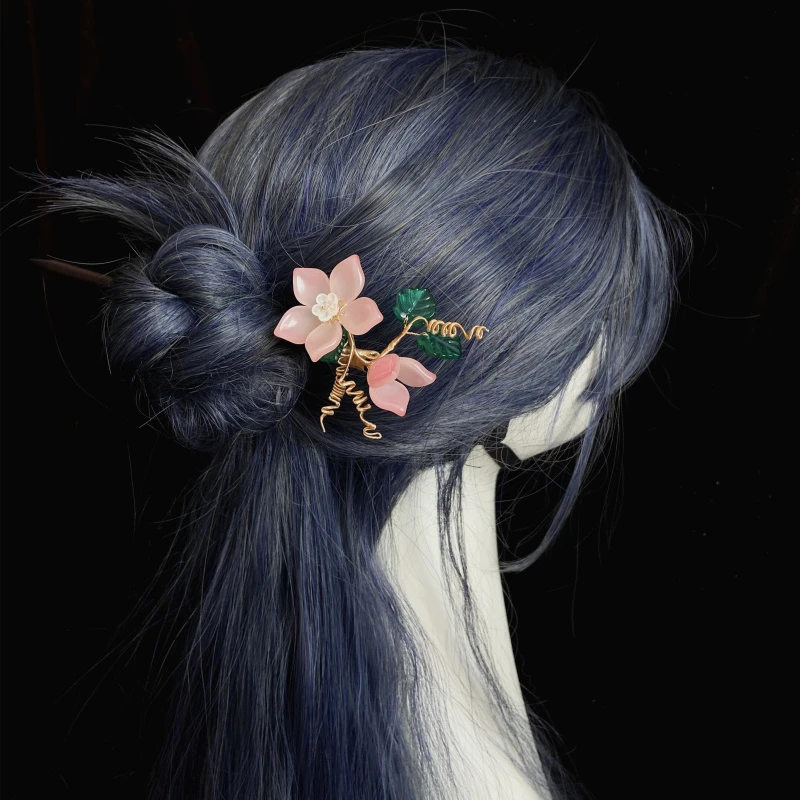 木簪中国风发饰复古古典手工古风古装发簪女头饰粉色琉璃花朵盘发