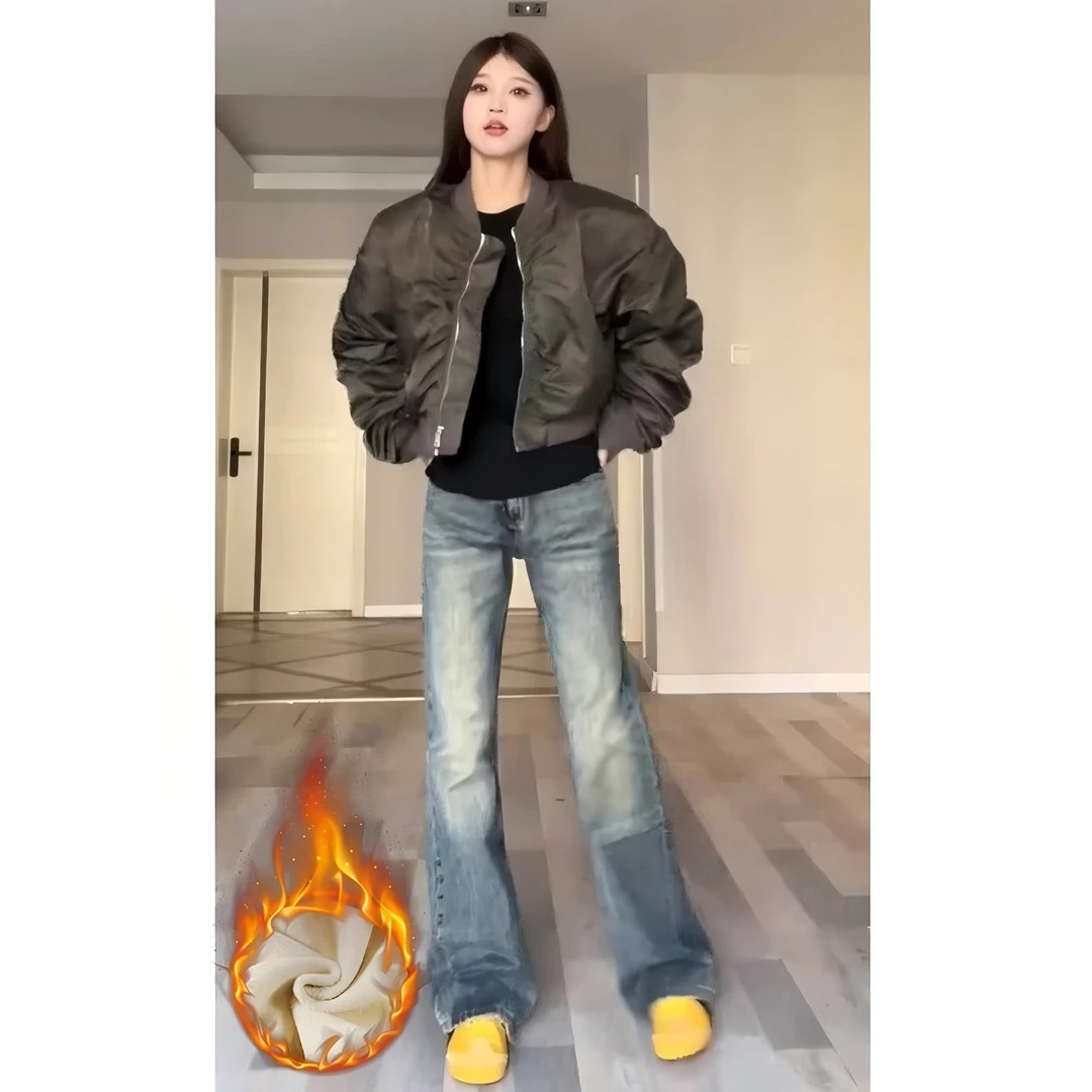 美式复古窄版阔腿牛仔裤女秋冬季加绒加厚高腰宽松显瘦直筒拖地裤