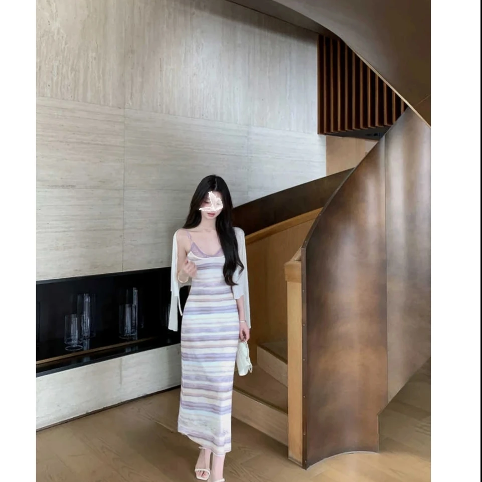 时尚假两件条纹吊带连衣裙气质长裙（无胸垫）
