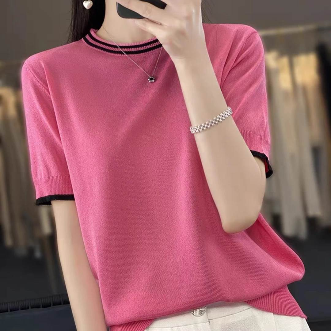 宽松中袖女拼色薄款夏季针织衫时尚设计师法式风