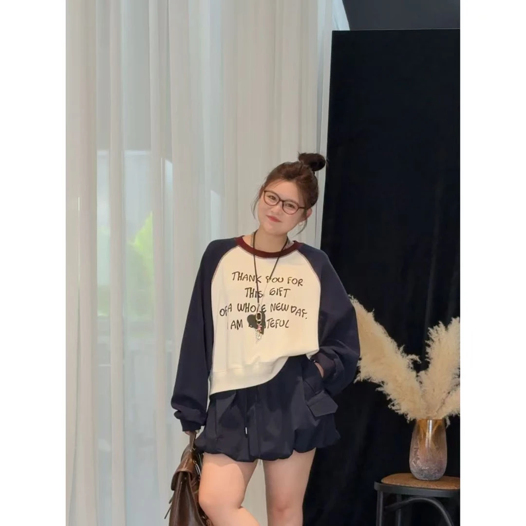 晶咕佳佳【藏蓝故事家】英文字母插肩长袖圆领卫衣时尚休闲百搭韩版