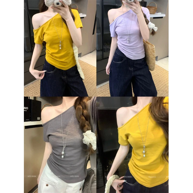 黄色斜领露肩短袖T恤女夏季2025新款修身不规则辣妹显瘦百搭上衣