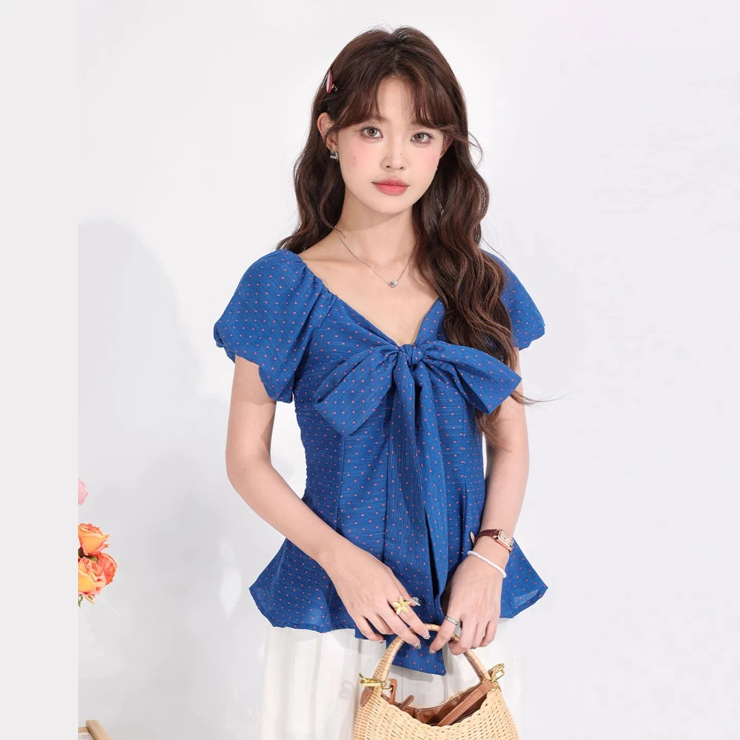 高级感气质甜美泡泡袖衬衫夏季爱心蝴蝶结修身显瘦短款韩系上衣女