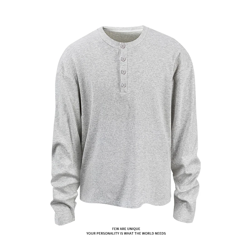 美式复古亨利领重磅T恤肌理感长袖男秋季cleanfit宽松休闲打底衫