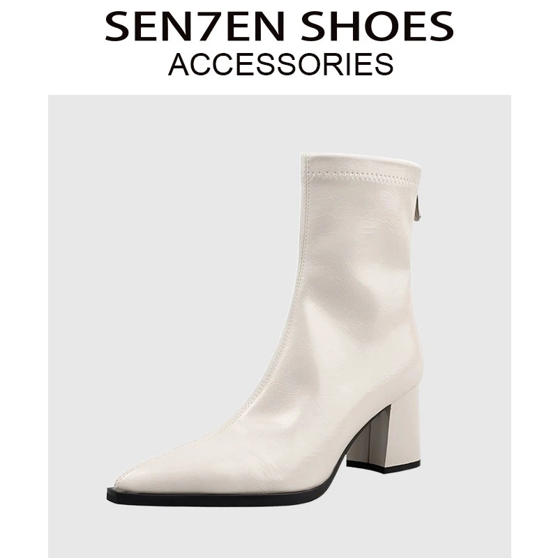 【靖雅专属】高跟尖头短靴女粗跟后拉链秋冬季黑色漆皮高级感马丁靴