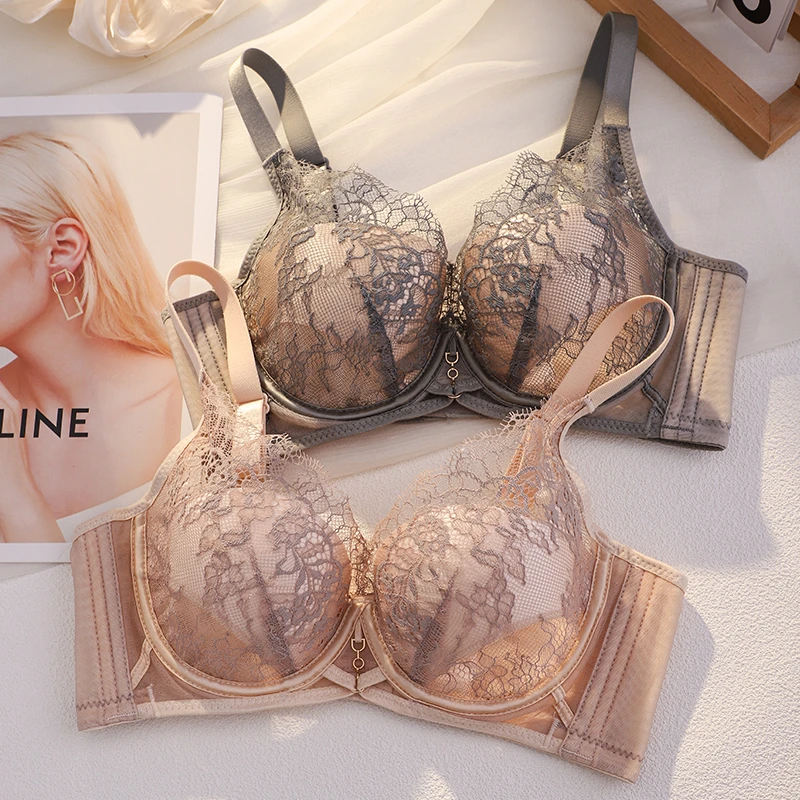 性感蕾丝内衣女大胸显小显瘦薄款收副乳防下垂调整型软钢圈文胸罩