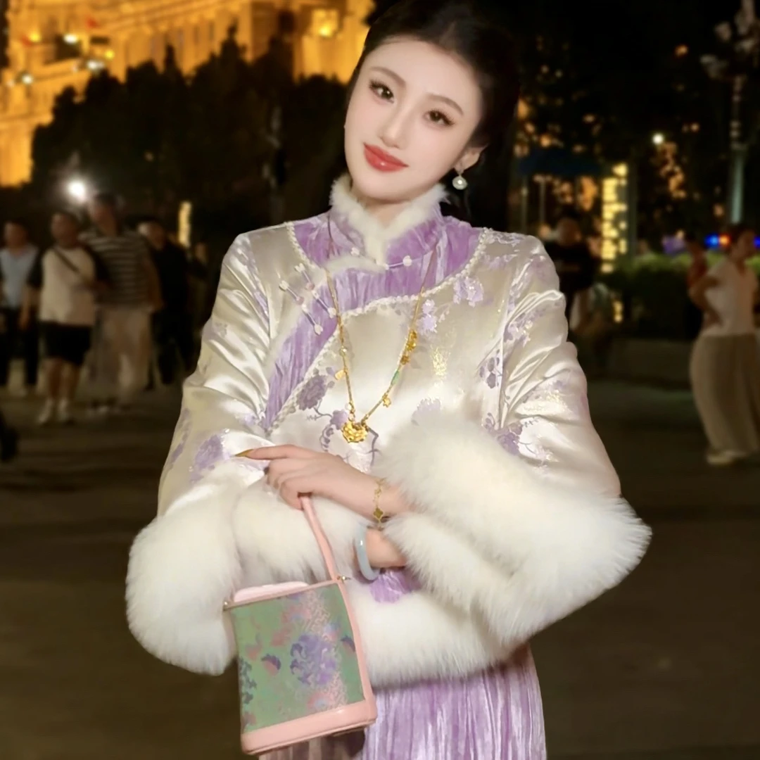 【媛珠 紫色华奢】重工提花狐狸毛领上衣外套+半裙套装秋冬贵气