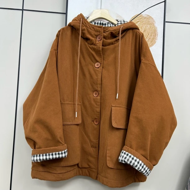 冬季日系焦糖可可色宽松连帽夹棉文艺复古短款棉服百搭