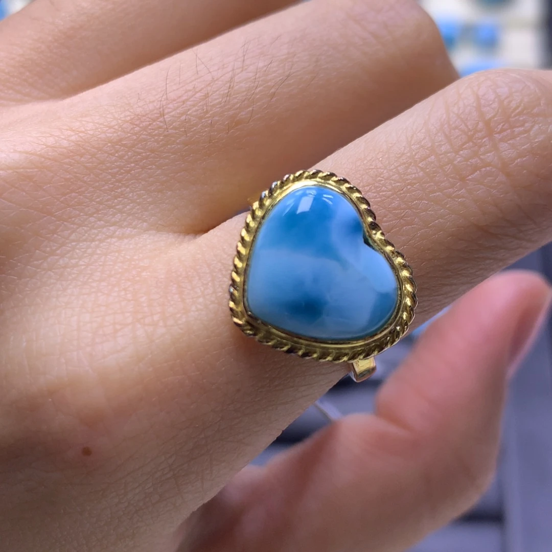 针钠钙石（海纹石）银S925镶嵌戒指爱心戒指色差略异