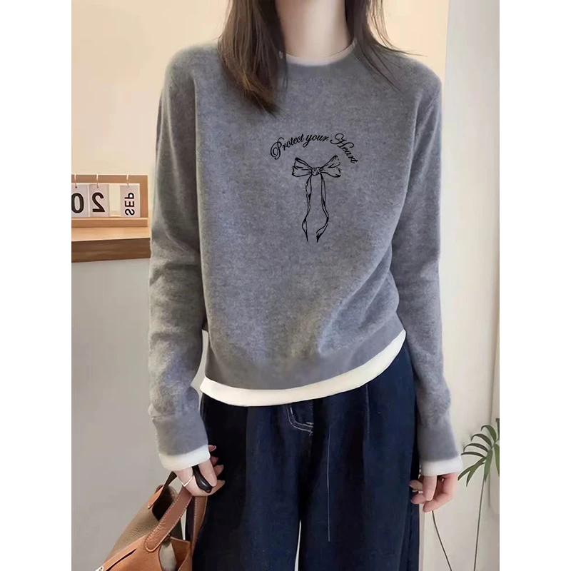 秋冬季正肩德绒长袖t恤女假两件拼接时尚百搭显瘦加厚款打底上衣