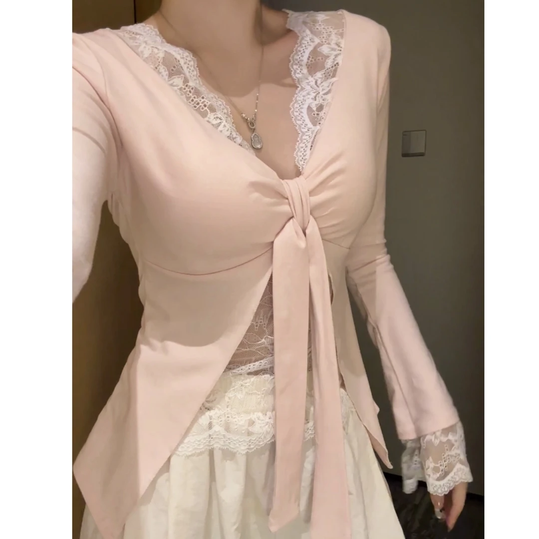 纯欲少女蕾丝拼接假两件v领长袖女秋季小众百搭设计感打底上衣