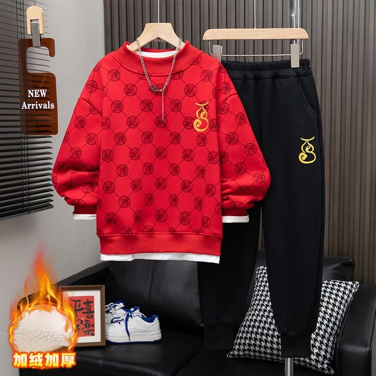 男童冬装加绒运动套装2024新款中大童蛇年年服卫衣儿童保暖红色潮