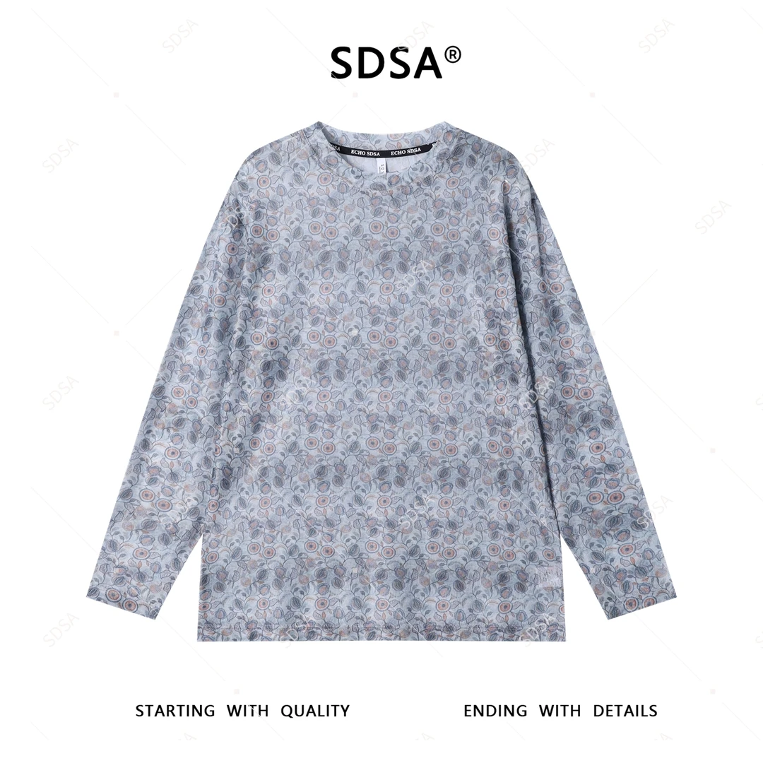 SDSA秋季新款男士痞帅设计师植物花卉圆领长袖T恤百搭时尚上衣