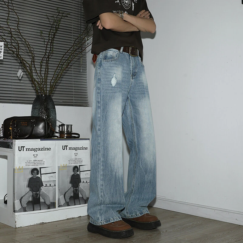 美式复古水洗闪电纹牛仔裤男款夏季宽松直筒vibe阔腿裤宽松长裤潮