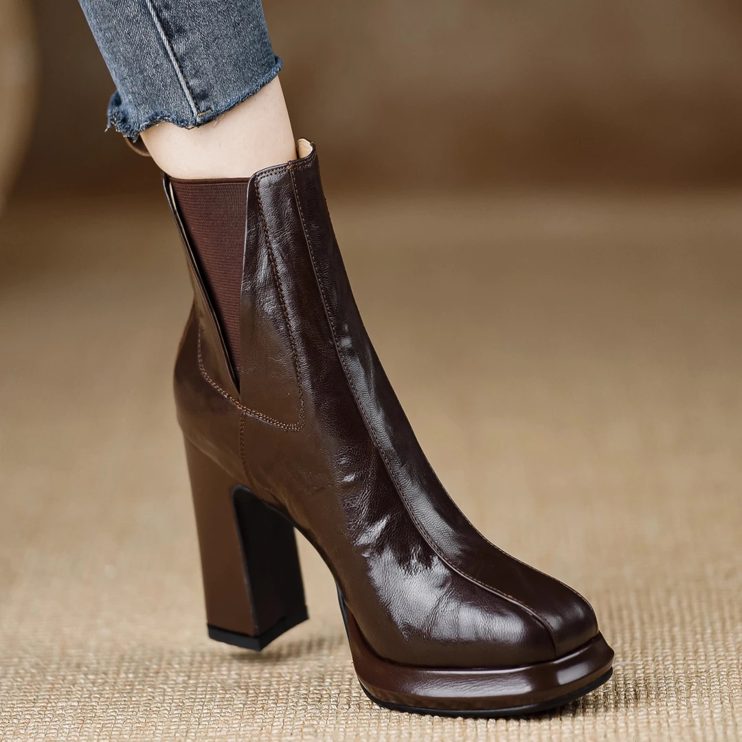 时尚防水台粗跟高跟靴子松紧带增高短靴