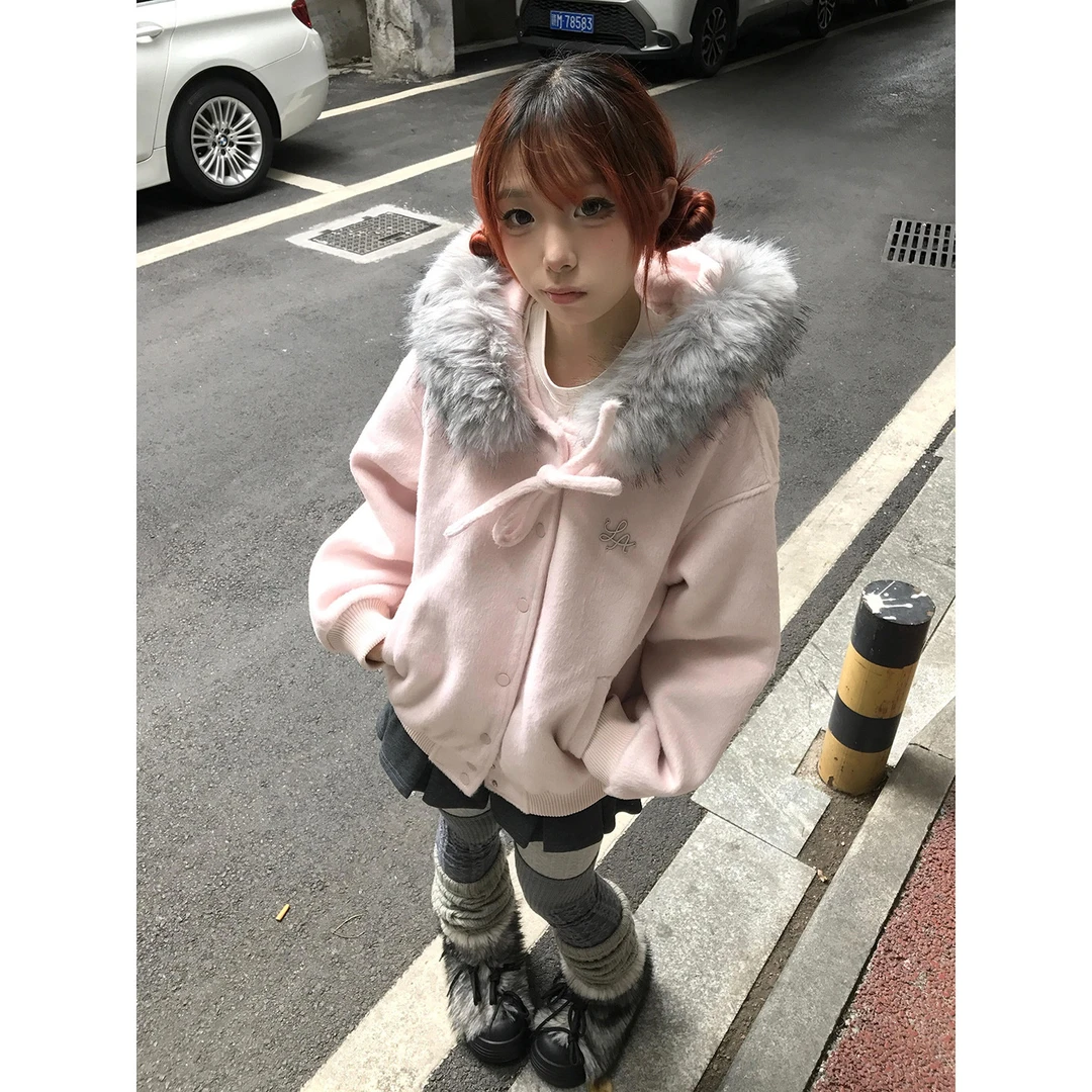 甜美气质粉色蝴蝶结连帽毛领外套女秋冬新款韩系高级感棒球服夹克