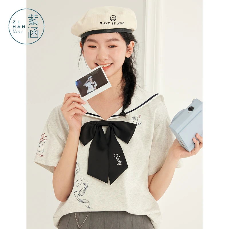 紫涵海军领印花T恤女2025夏季新款蝴蝶结短袖上衣Z5Z03BS131
