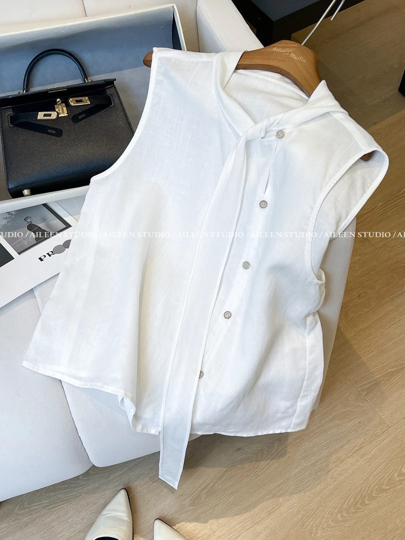 2025夏季新款白色无袖衬衫上衣女短款气质宽松休闲百搭马夹背心潮