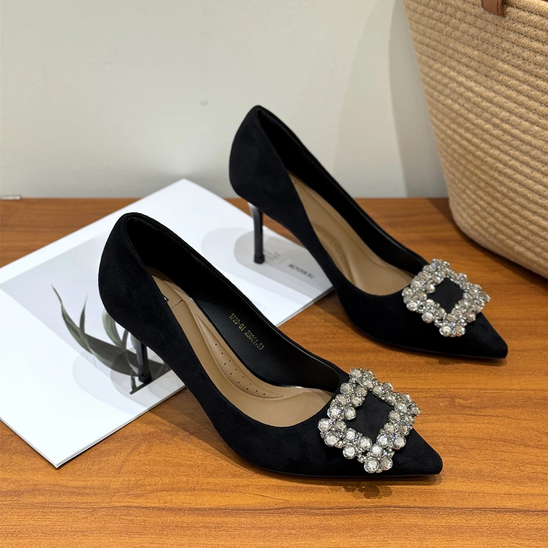 韩版尖头复古细跟高跟鞋女2025新款秋季绒面浅口洋气水钻气质单鞋