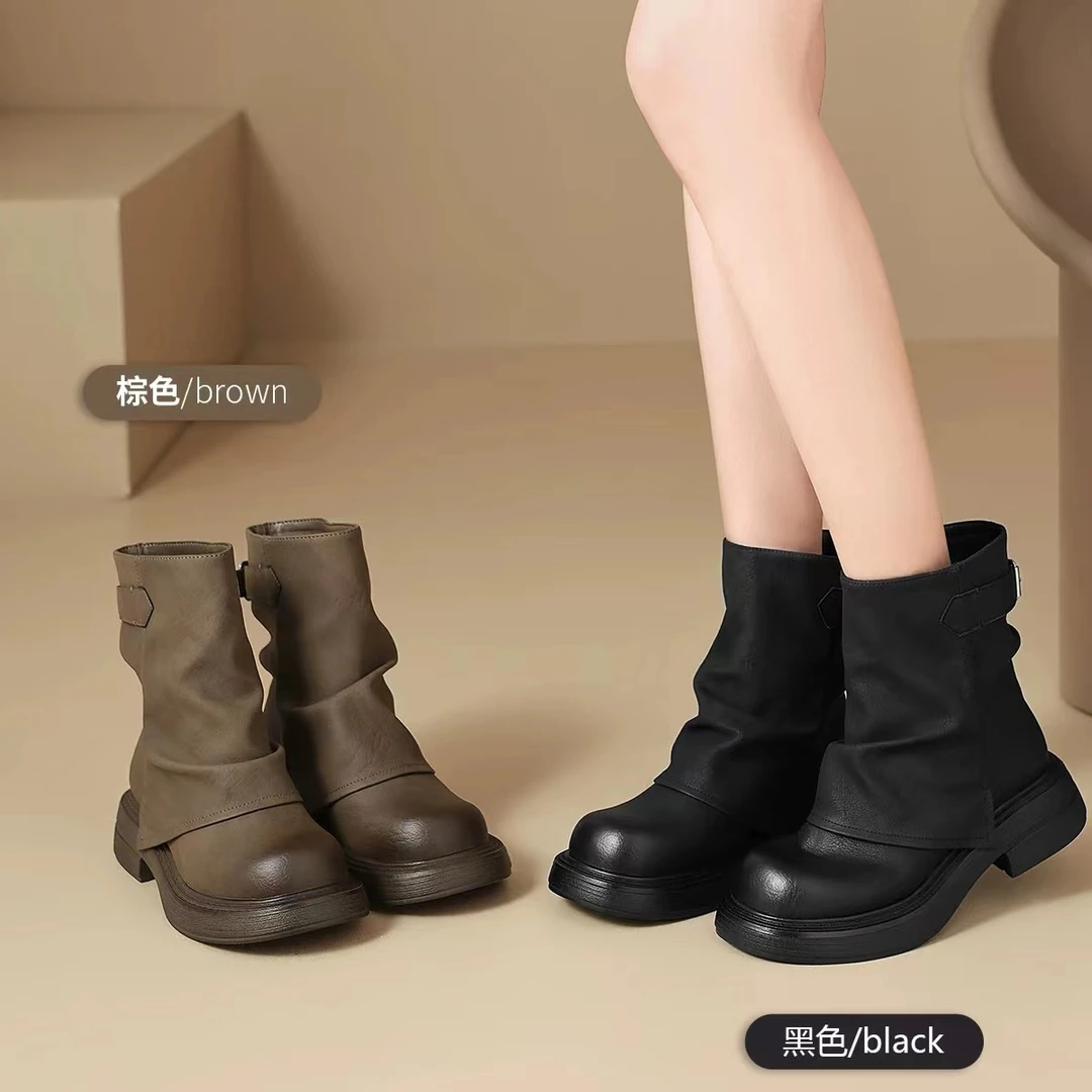 秋冬新款韩版通勤瘦瘦简约粗跟裸靴短靴72-8016(加绒)