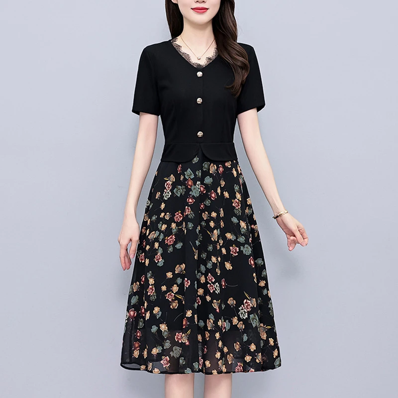 假两件套修身显瘦雪纺印花短袖连衣裙夏季新款大码女装胖mm中长款