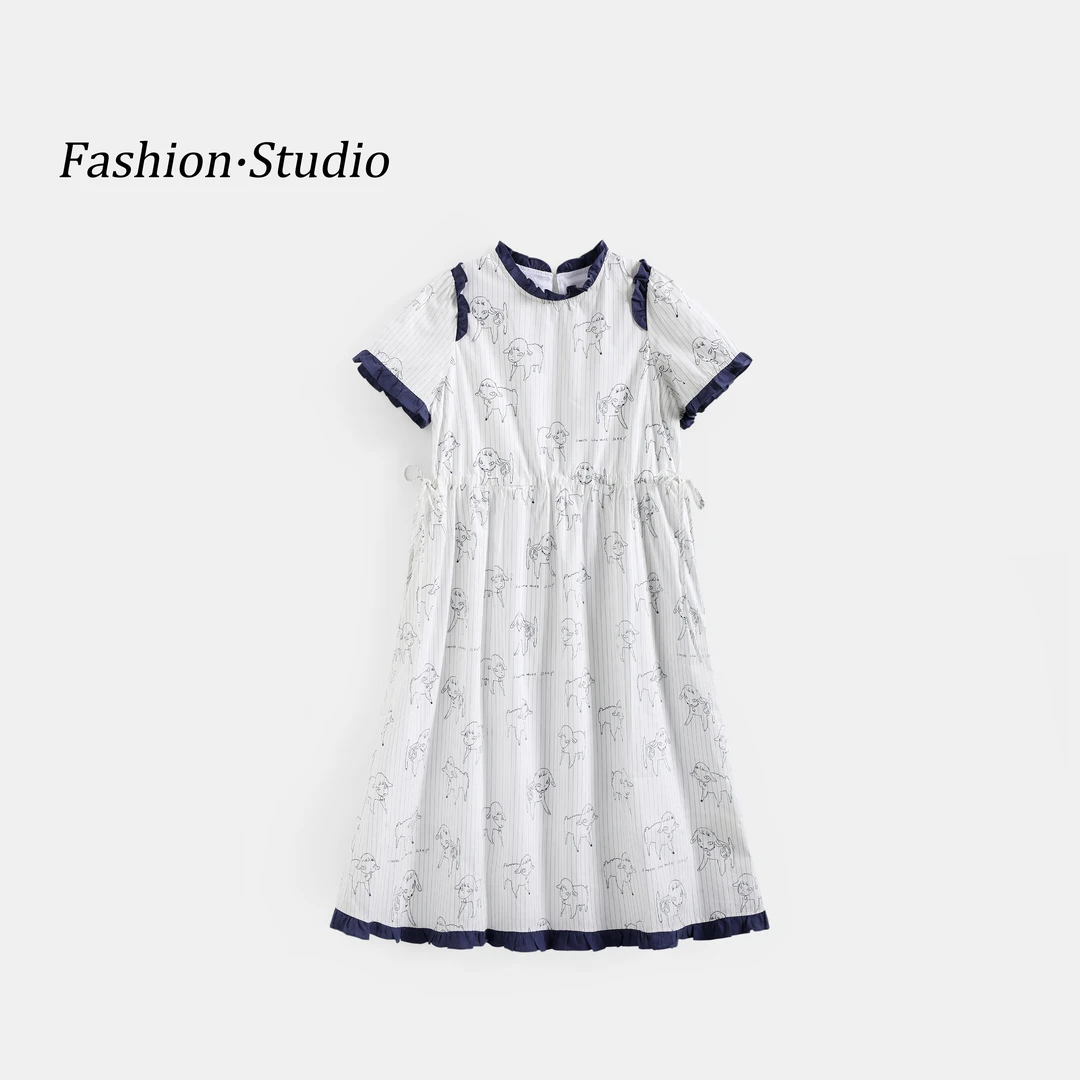 女童夏季连衣裙2025新款竖条纹印花抽身系带拼接收腰女孩连衣长裙