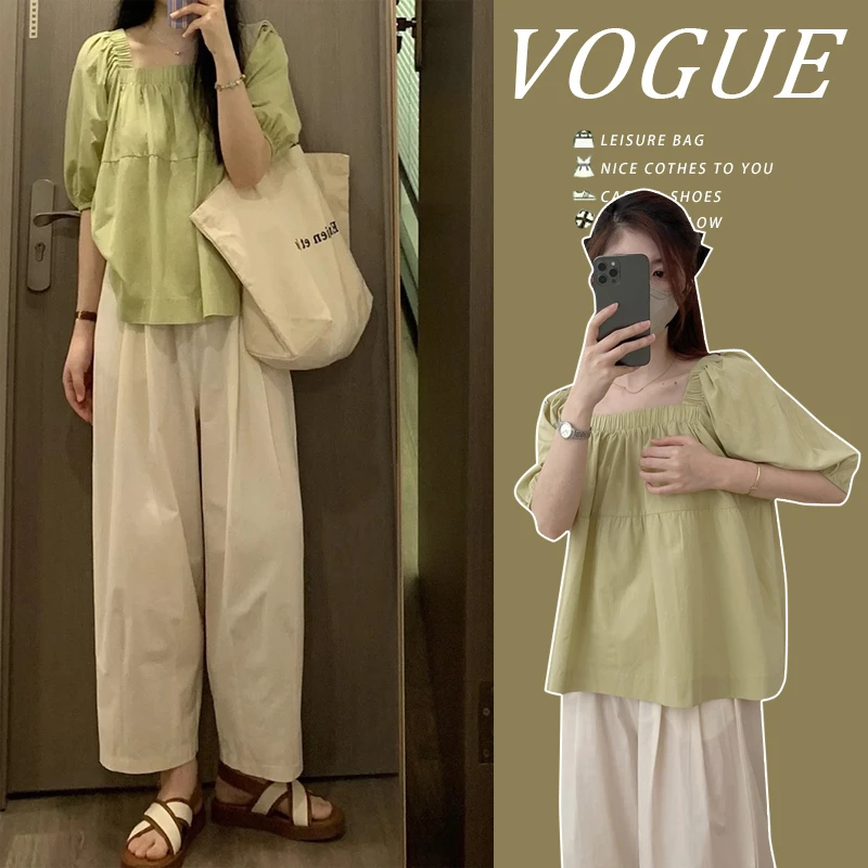 孕妇套装2025新款夏季时尚法式泡泡袖方领上衣休闲直筒裤两件套女