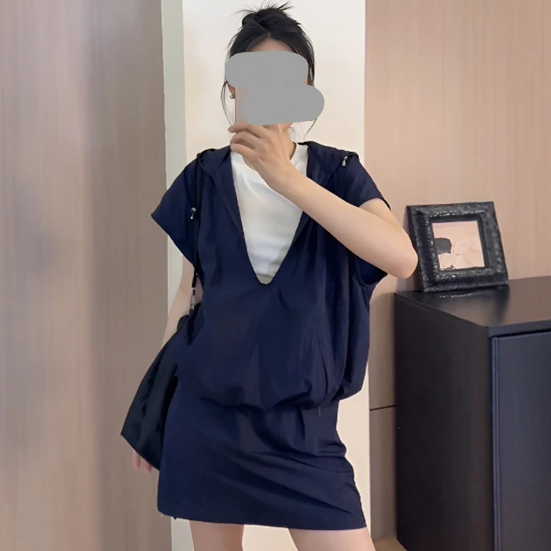 美式防晒薄款连帽外套高腰显瘦半身裙宽松运动休闲三件套装女夏季