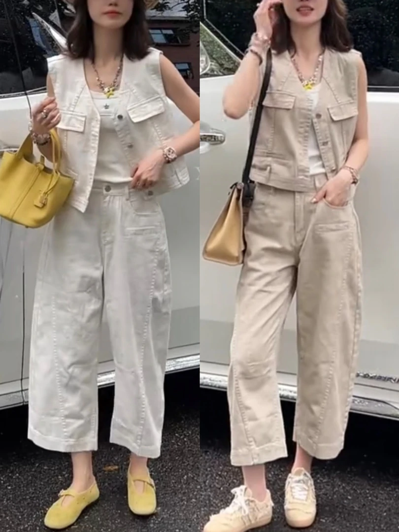 夏季新款时尚印花牛仔套装V领马甲外套九分阔腿牛仔裤显瘦穿搭