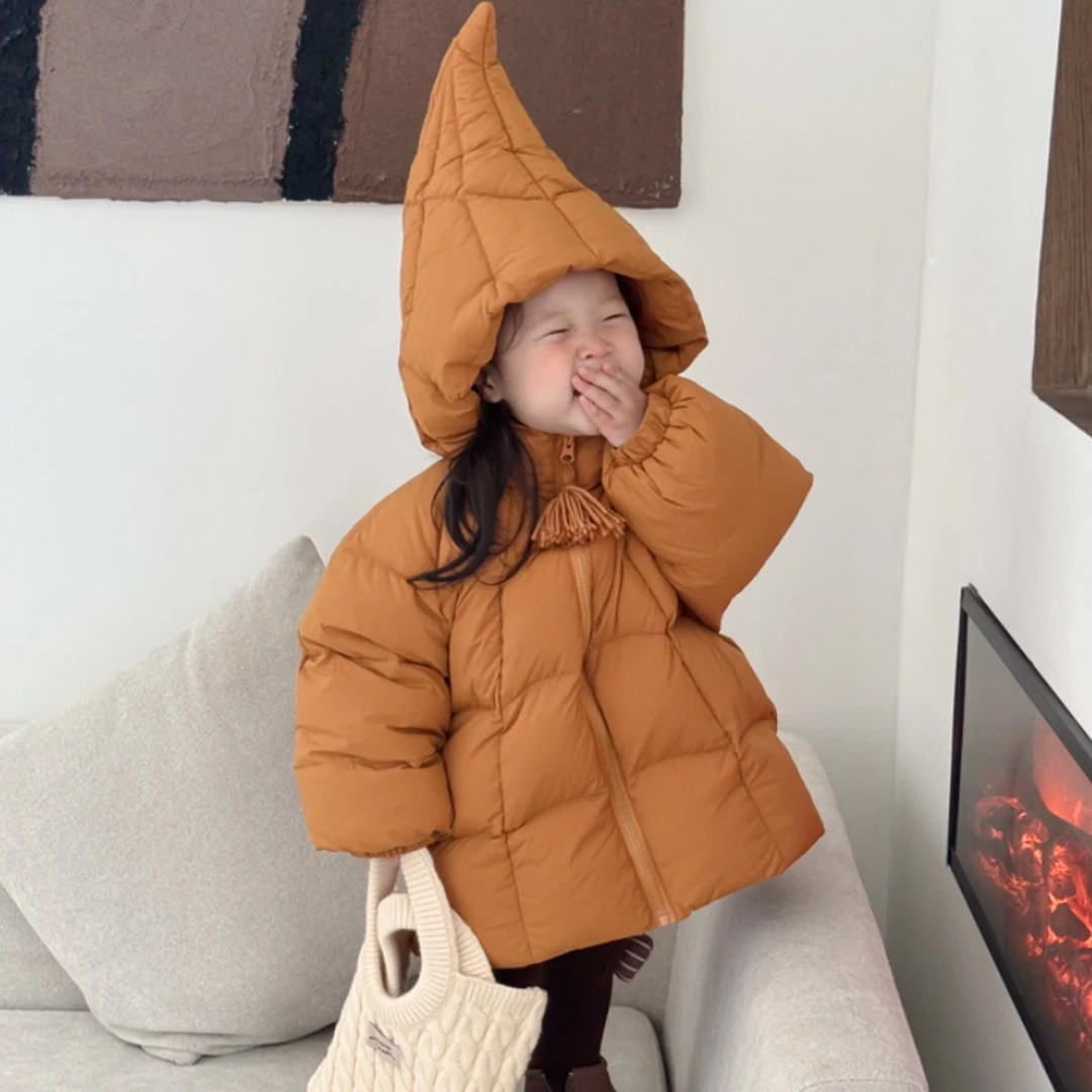 女童羽绒服2025新款冬季女宝洋气南瓜色连帽外套精灵帽保暖羽绒服