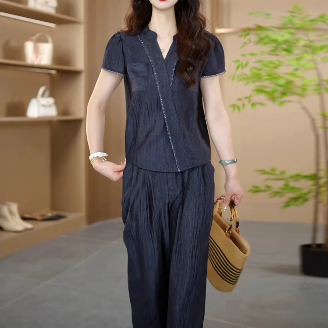 气质妈妈夏装休闲时尚短袖两件套新款中老年女夏季减龄显瘦套装薄