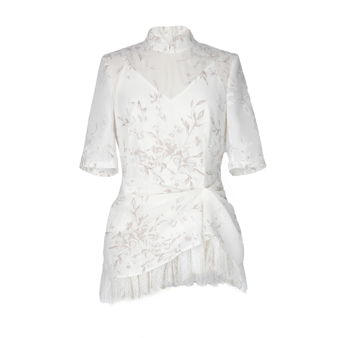 JUNYANG杨君 如梦令 玉兰印花新中式拼接短袖上衣