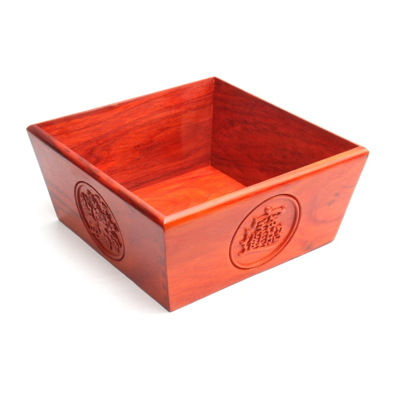 32cmHHL实木四面雕国花米斗原木色果盒收纳盒