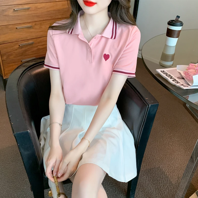 2025夏季新款POLO领套头T恤爱心刺绣学院风衬衫工作服小衫
