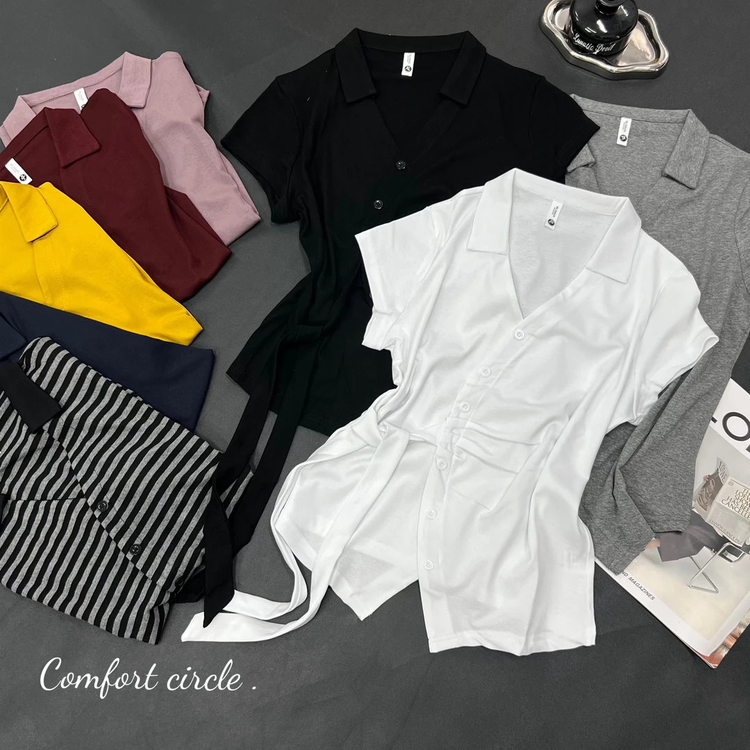 《姚家优麦汇》Y6120夏款翻领设计感时尚百搭短袖显瘦上衣款女