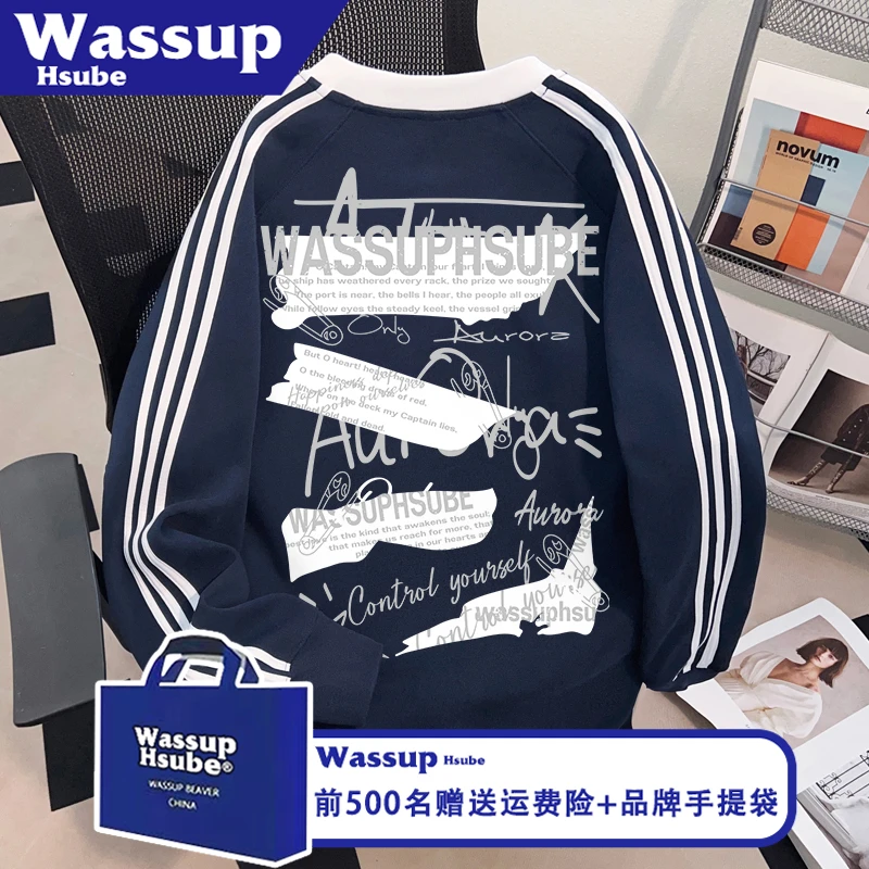 WASSUP HSUBE字母印花三条杠纯棉长袖ins秋季藏青色T恤男女款上衣