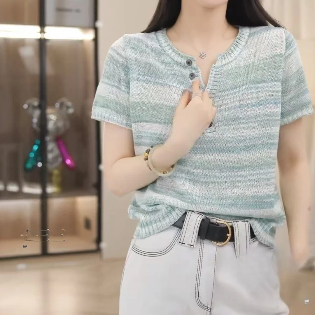 韩版设计感百搭休闲条纹气质上衣毛衣2025夏季新款时尚显瘦长袖