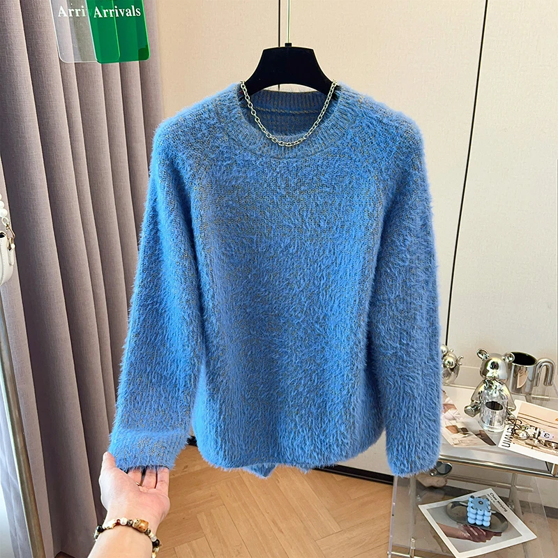 浅蓝色马海毛针织衫女2025冬时尚大码胖mm插肩袖显瘦正肩宽松毛衣