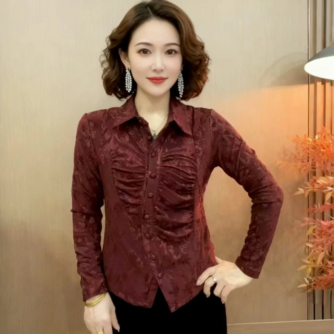 秋新款翻领洋气百搭气质长袖提花小衫减龄显瘦时尚女士洋气打底衫