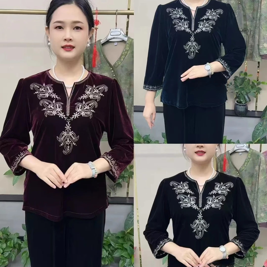中老年秋季气质丝绒重工刺绣长袖显瘦上衣大码洋气时尚百搭复古